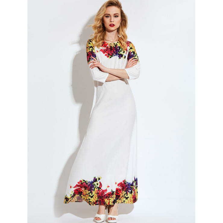 Embroidered Round Neck Long Sleeve Maxi Dress