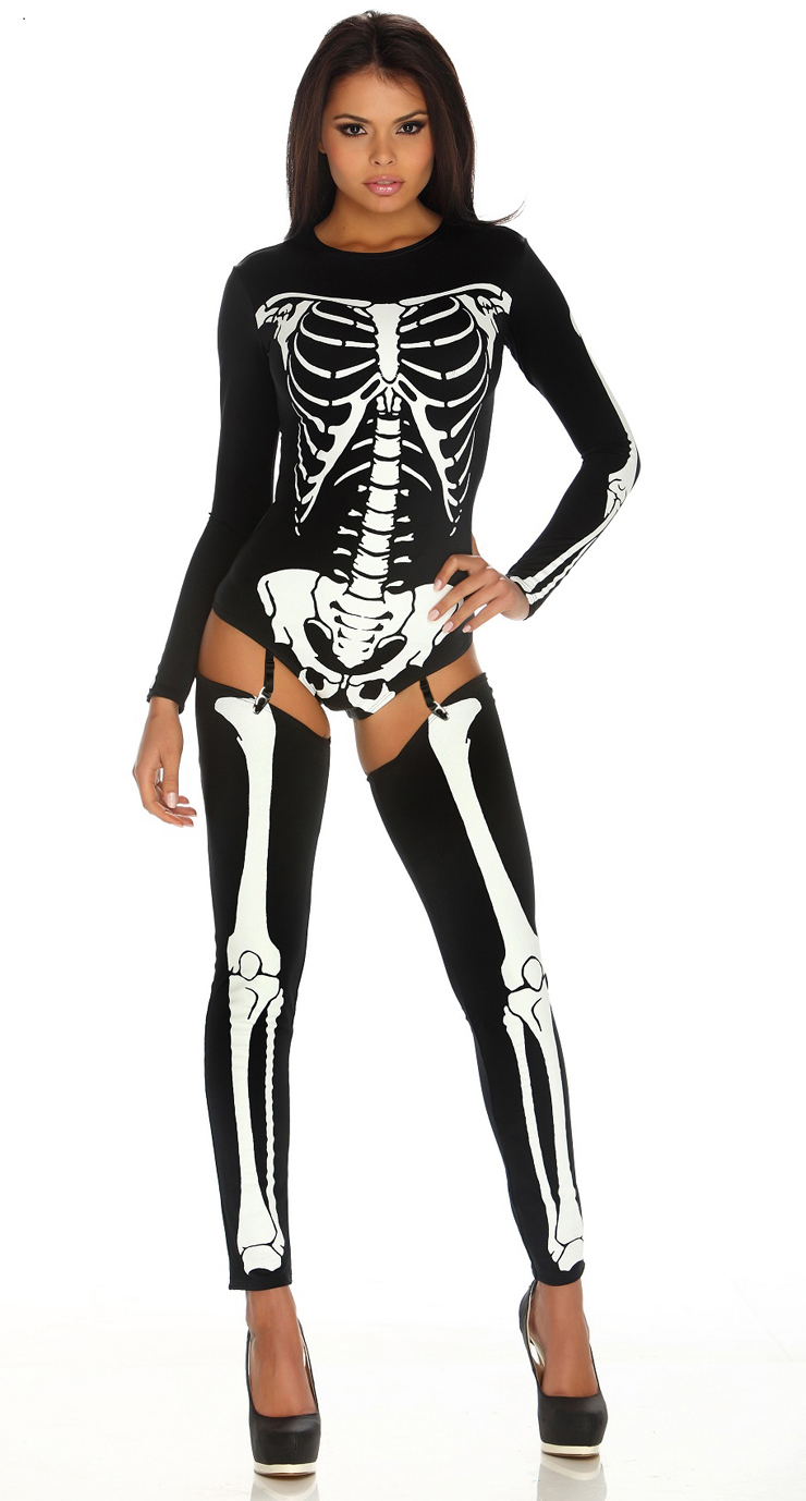 Sexy Black Skeleton Print Bodysuit Halloween Costume N11215
