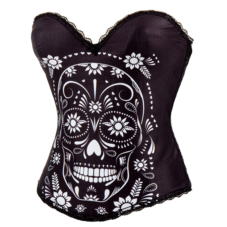 Lovely Black Sugar Skull Halloween Costume Overbust Corset N11620
