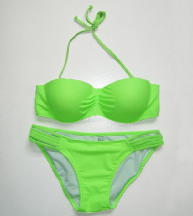 Sexy LightGreen Tied Neck Wrap Chest Front Fold Bikini Swimsuit BK9615