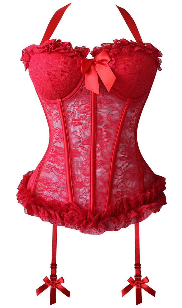 Corsets & Bustiers Sexy Red Halter Neck Lace Bustier L,XL,2XL was