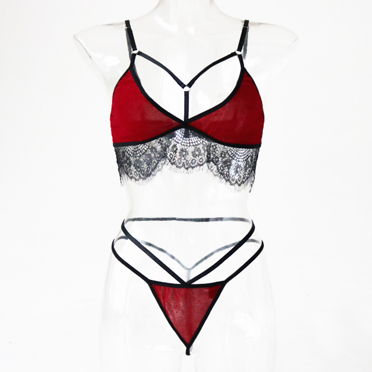 Sexy Spaghetti Straps Lace Trim Bandage Velvet Bra And Thong Lingerie