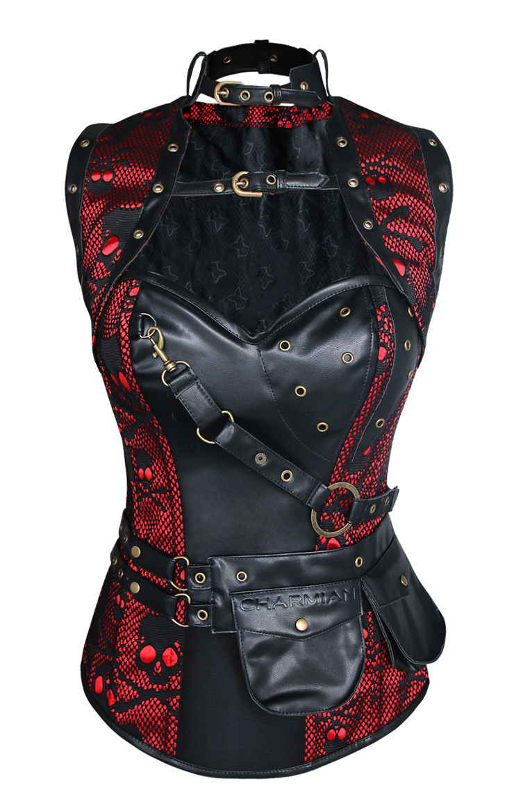 Steampunk Black and Red Steel Boned Skulls Print High Neck Corset with