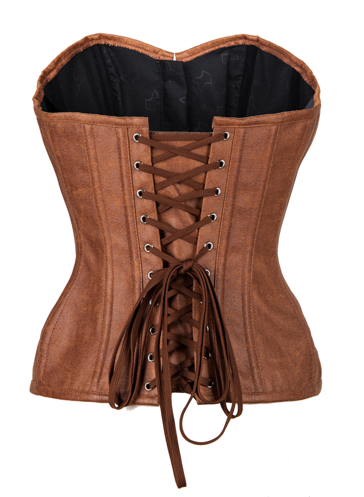 Steel Boned Fashion Retro Brown Faux Leather Corset N10960