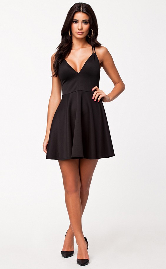 black v neck skater dress
