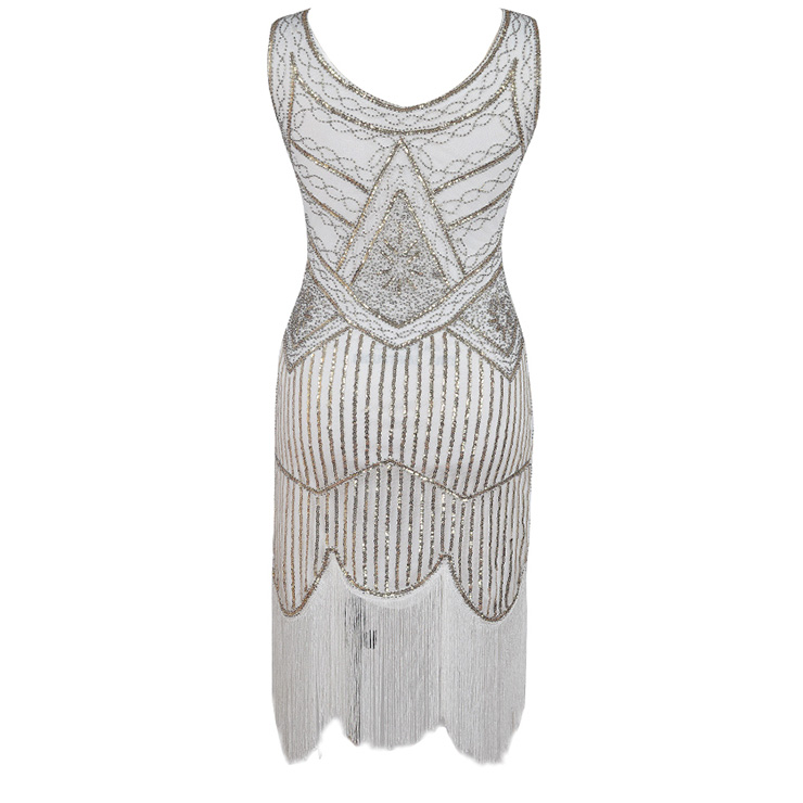 1920s Vintage Sleeveless V Neck Sequin Art Deco Cocktail Flapper Dress N14894
