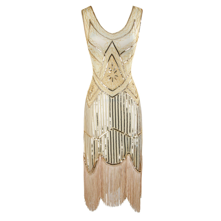 1920s Vintage Sleeveless V Neck Sequin Art Deco Cocktail Flapper Dress N14896