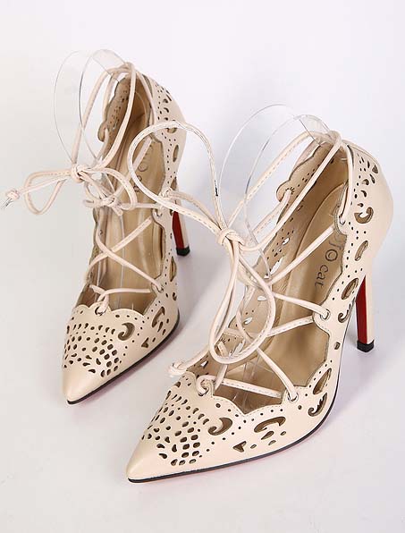 Apricot High Heels, Vintage Lady High Heels, Spring Shoes, Pointed Toe Lace-up High Heels, #SWS20342