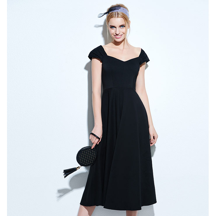 Women's Vintage Black Square Neck Cap Sleeve Party Swing Midi Casual Dress N16363