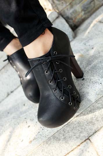 Cheap Lady Boots,  Vintage Black High Heels Boot, Inexpensive PU Boots, Hot Sale Lace-up Boots, #SWB20238