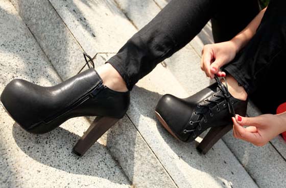 Cheap Lady Boots,  Vintage Black High Heels Boot, Inexpensive PU Boots, Hot Sale Lace-up Boots, #SWB20238