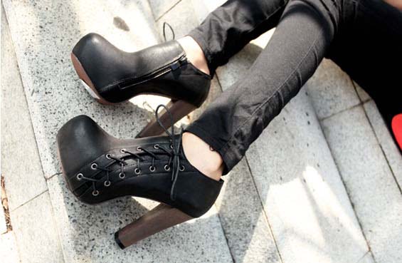 Cheap Lady Boots,  Vintage Black High Heels Boot, Inexpensive PU Boots, Hot Sale Lace-up Boots, #SWB20238
