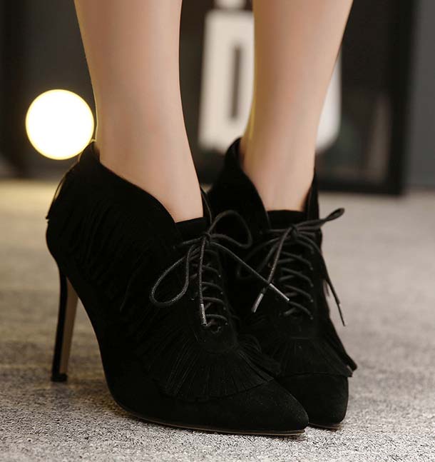 Retro Martin Boots, Winter Hot Sale Boots, Ladies Black Tassels Ankle Boots, Sexy Pointed Toe Boots, #SWB20386