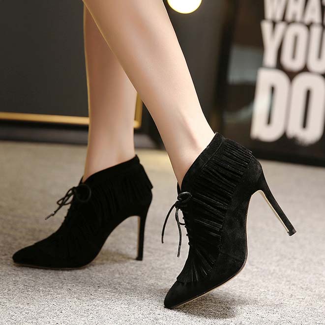 Retro Martin Boots, Winter Hot Sale Boots, Ladies Black Tassels Ankle Boots, Sexy Pointed Toe Boots, #SWB20386