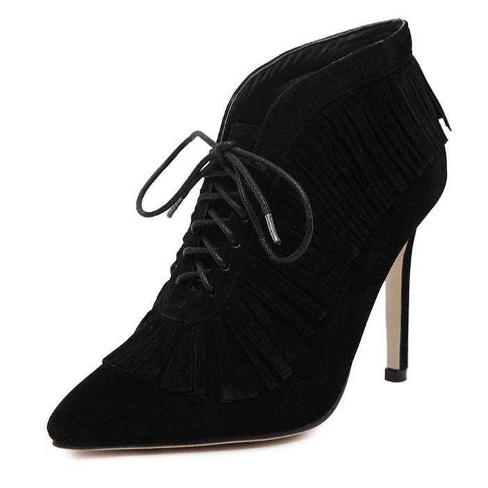 Retro Martin Boots, Winter Hot Sale Boots, Ladies Black Tassels Ankle Boots, Sexy Pointed Toe Boots, #SWB20386