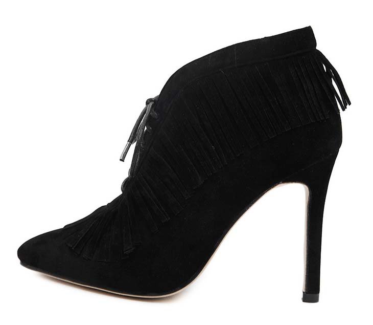 Retro Martin Boots, Winter Hot Sale Boots, Ladies Black Tassels Ankle Boots, Sexy Pointed Toe Boots, #SWB20386