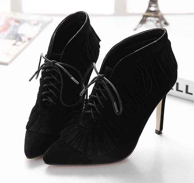 Retro Martin Boots, Winter Hot Sale Boots, Ladies Black Tassels Ankle Boots, Sexy Pointed Toe Boots, #SWB20386