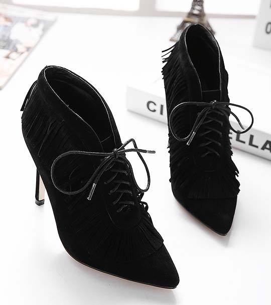 Retro Martin Boots, Winter Hot Sale Boots, Ladies Black Tassels Ankle Boots, Sexy Pointed Toe Boots, #SWB20386