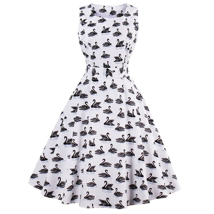 1950's Vintage Black Swan Print Sleeveless Dress N12863