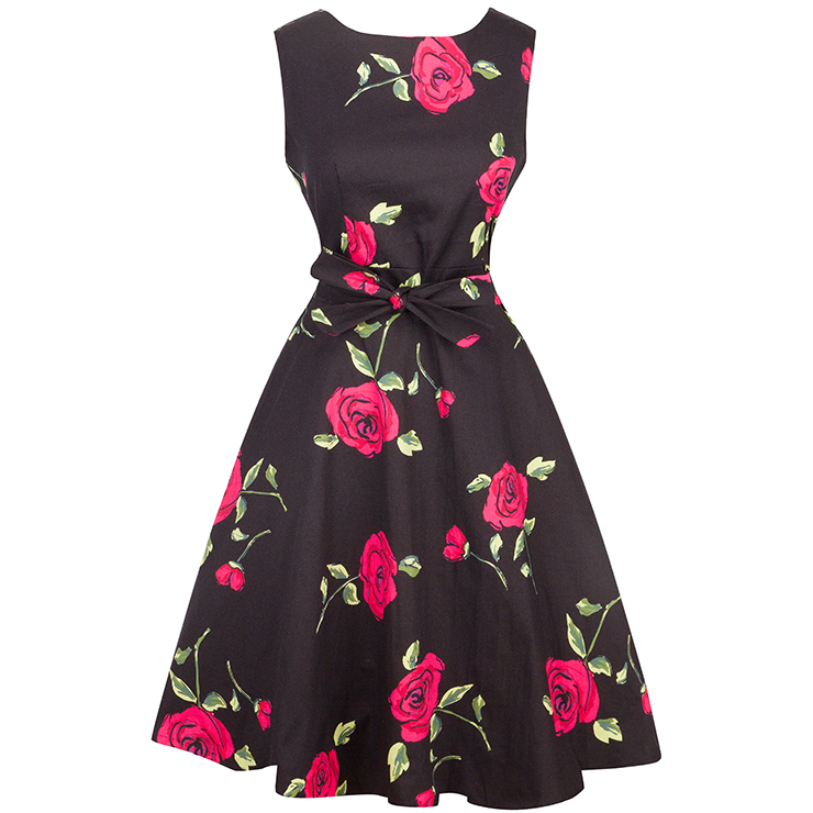 1950's Vintage Floral Print Cotton Sleeveless Dress With Waist Belt N12575