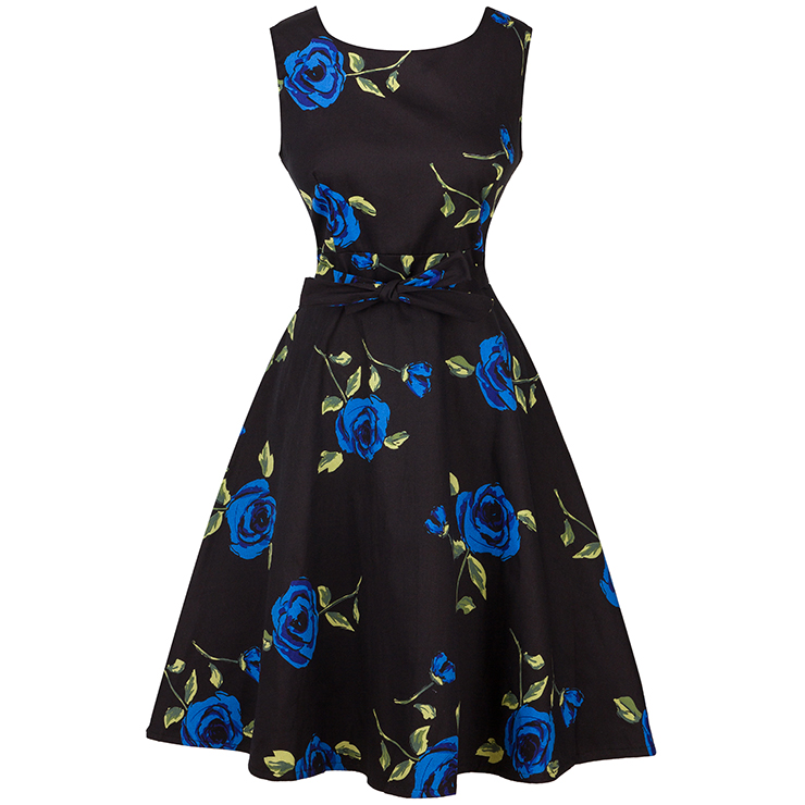 1950's Vintage Floral Print Cotton Sleeveless Dress With Waist Belt N12576