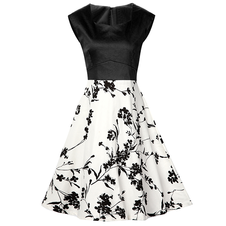 1950's Vintage Floral Print Sleeveless A-line Cocktail Party Dress N12538