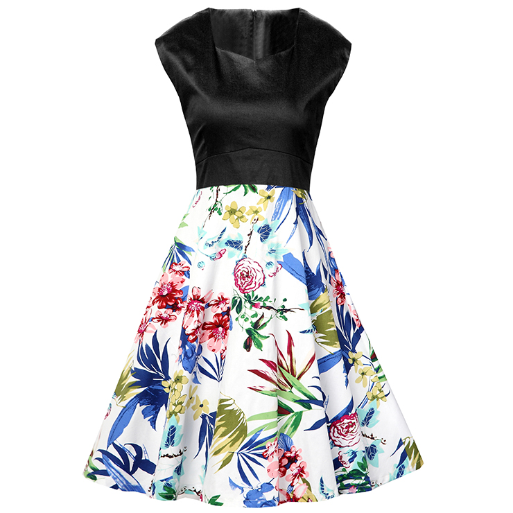 1950's Vintage Floral Print Sleeveless A-line Cocktail Party Dress N12540