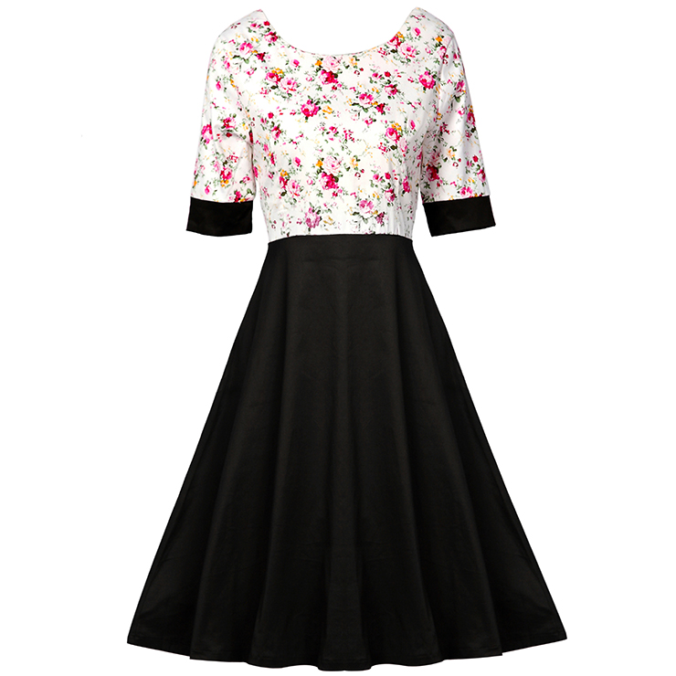 1950's Vintage Floral Print Short Sleeve A-line Dress N12542