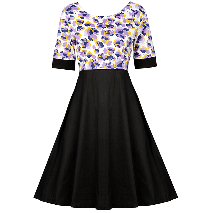 1950's Vintage Floral Print Short Sleeve A-line Dress N12543