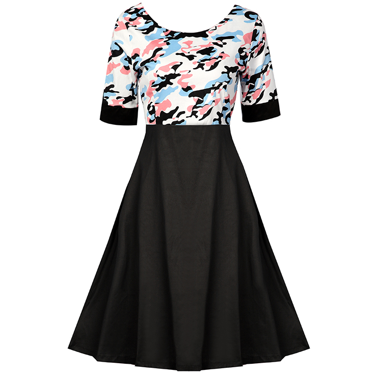 1950's Vintage Camouflage Print Short Sleeve A-line Dress N12544
