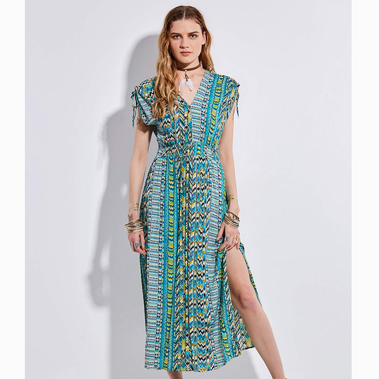 Women's Vintage Geometric Print Sleeveless V Neck Slit Maxi Dress N15685
