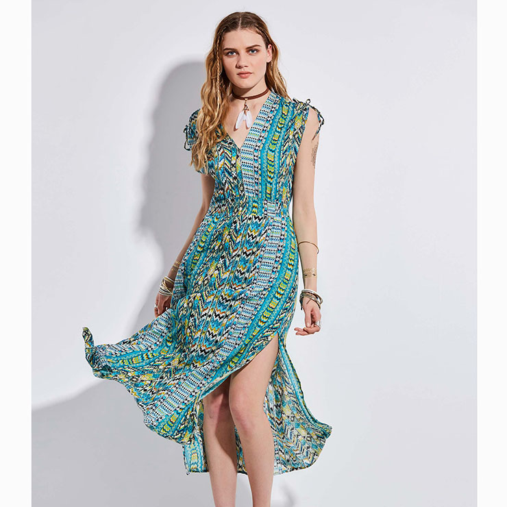 Sleeveless Maxi Dress, V Neck Maxi Dress, Vintage Slit Maxi Dress, Vintage Geometric Print Dress, Casual Maxi Dress Sleeveless, Fashion Backless Dress, #N15685