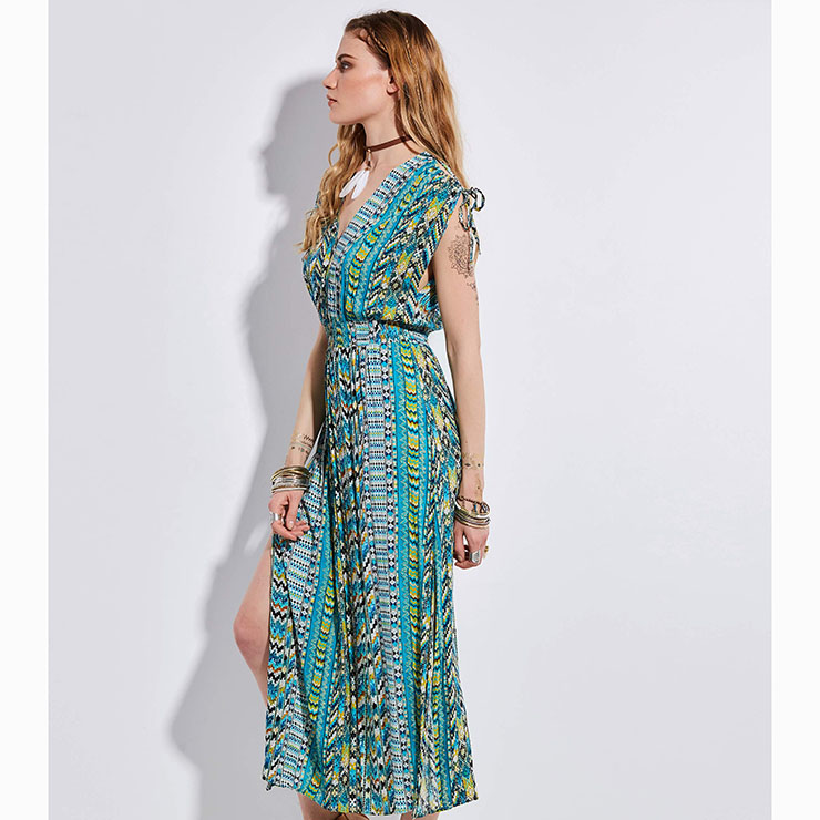 Sleeveless Maxi Dress, V Neck Maxi Dress, Vintage Slit Maxi Dress, Vintage Geometric Print Dress, Casual Maxi Dress Sleeveless, Fashion Backless Dress, #N15685