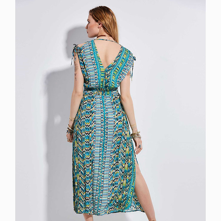 Sleeveless Maxi Dress, V Neck Maxi Dress, Vintage Slit Maxi Dress, Vintage Geometric Print Dress, Casual Maxi Dress Sleeveless, Fashion Backless Dress, #N15685