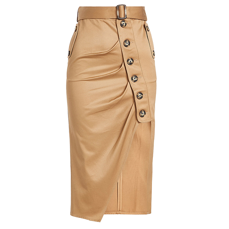 Women's Vintage Khaki Mid-Calf High Waist Pleated Asymmetrical Skirt N15691