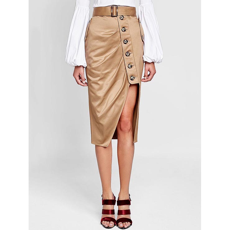 Vintage Khaki Skirt, Mid-Calf Skirt for Women, Khaki Pencil Skirt, High Waist Asymmetrical Skirt, Khaki Casual Skirt, Irregular Pencil Skirt, #N15691