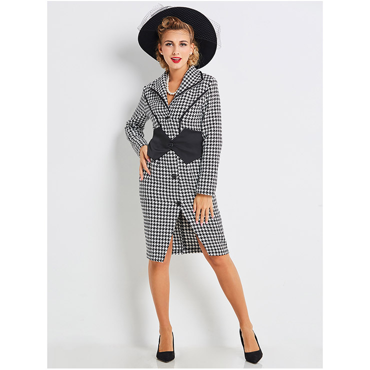 Women's Vintage Long Sleeve Lapel Single-Breasted Houndstooth Bodycon Dress N15428