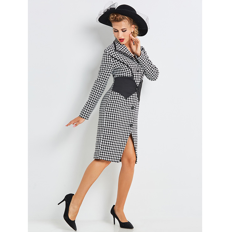 Long Sleeve Dress, Lapel Dress for Women, Single-Breasted Dress, Midi Dress for Women, Houndstooth Dress, Vintage Dress, Bodycon Dress, #N15428