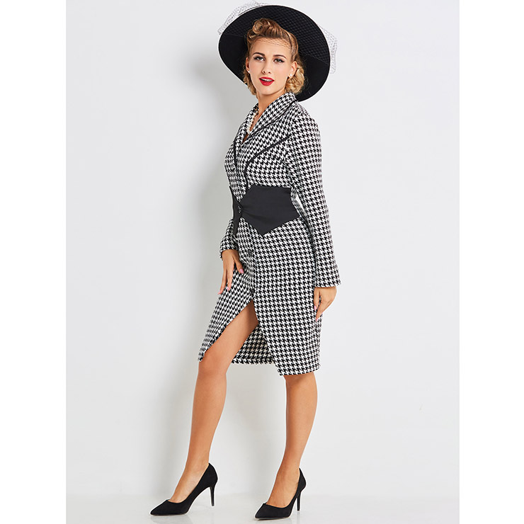 Long Sleeve Dress, Lapel Dress for Women, Single-Breasted Dress, Midi Dress for Women, Houndstooth Dress, Vintage Dress, Bodycon Dress, #N15428
