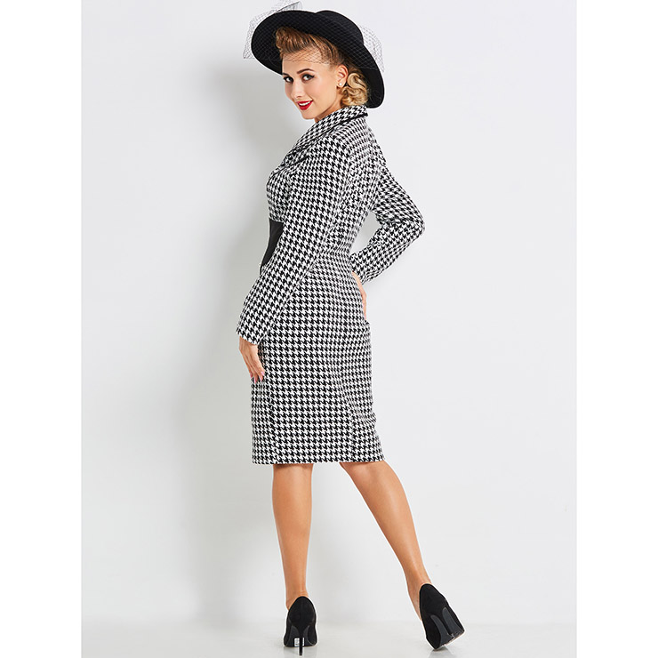 Long Sleeve Dress, Lapel Dress for Women, Single-Breasted Dress, Midi Dress for Women, Houndstooth Dress, Vintage Dress, Bodycon Dress, #N15428