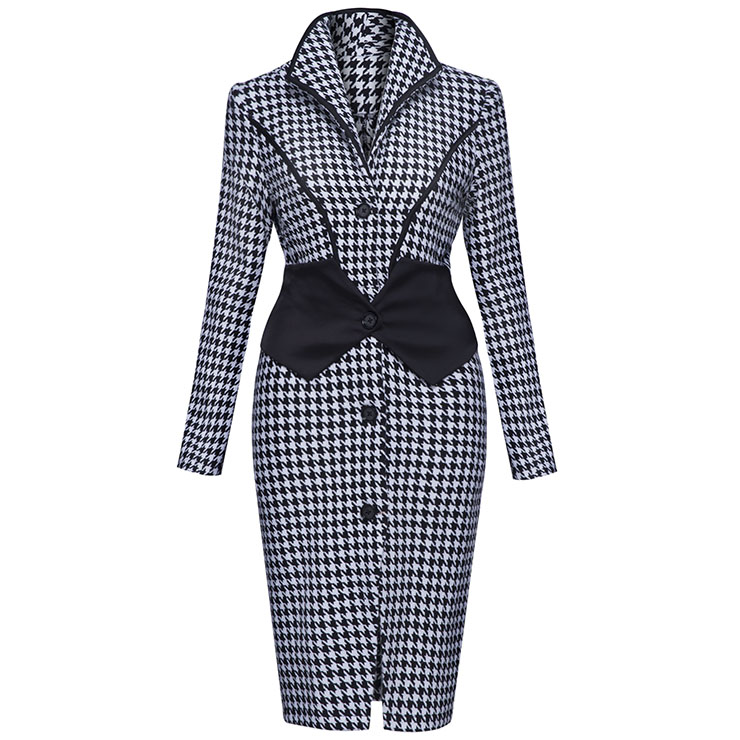 Long Sleeve Dress, Lapel Dress for Women, Single-Breasted Dress, Midi Dress for Women, Houndstooth Dress, Vintage Dress, Bodycon Dress, #N15428