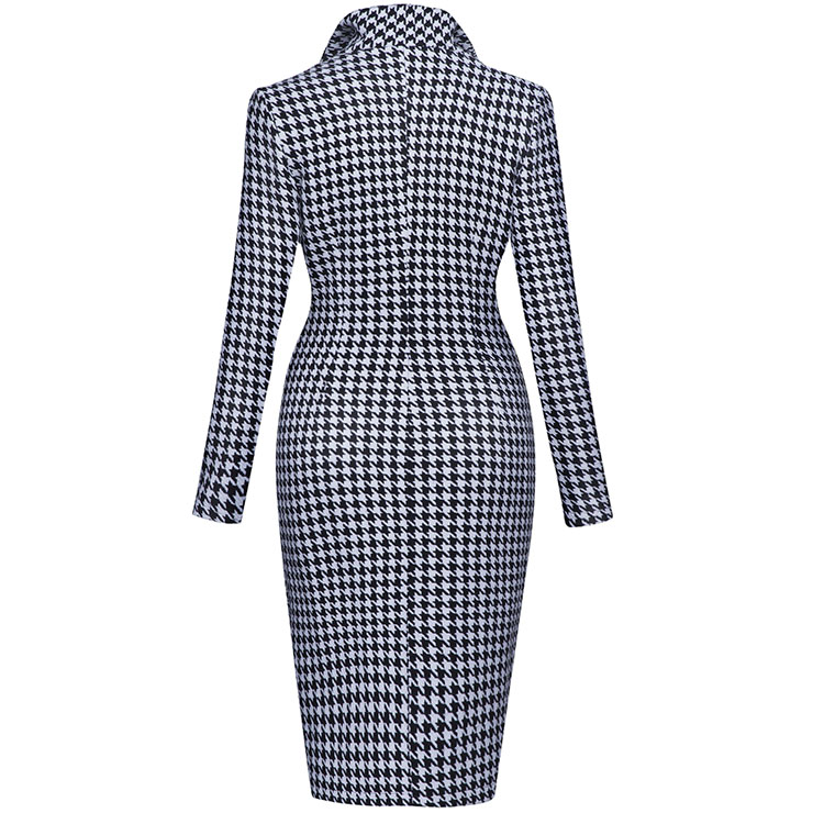 Long Sleeve Dress, Lapel Dress for Women, Single-Breasted Dress, Midi Dress for Women, Houndstooth Dress, Vintage Dress, Bodycon Dress, #N15428