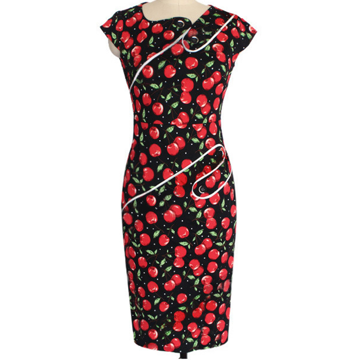 Elegant 1950's Retro Cherry Print Patchwork Rockabilly Party Midi pencil Dress N12080