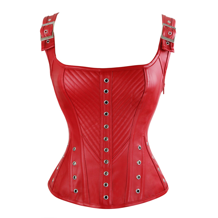 Vintage Red Faux Leather Buckles Straps Corset Bustier Christms N10965