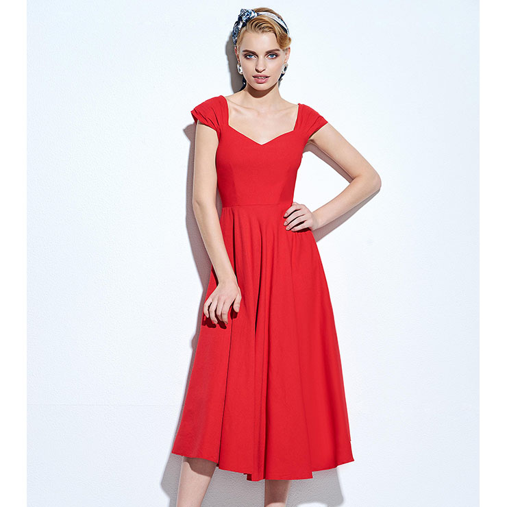 Women's Vintage Red Square Neck Cap Sleeve Party Swing Midi Casual Dress N16362