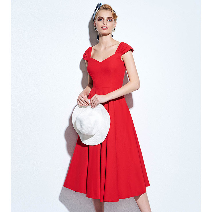 Spring Garden Party Swing Dress, Summer Day Dress Red, Vintage Casual Retro Dress, Cotton Vintage Tea Dress, Rockabilly Swing Dress, Women