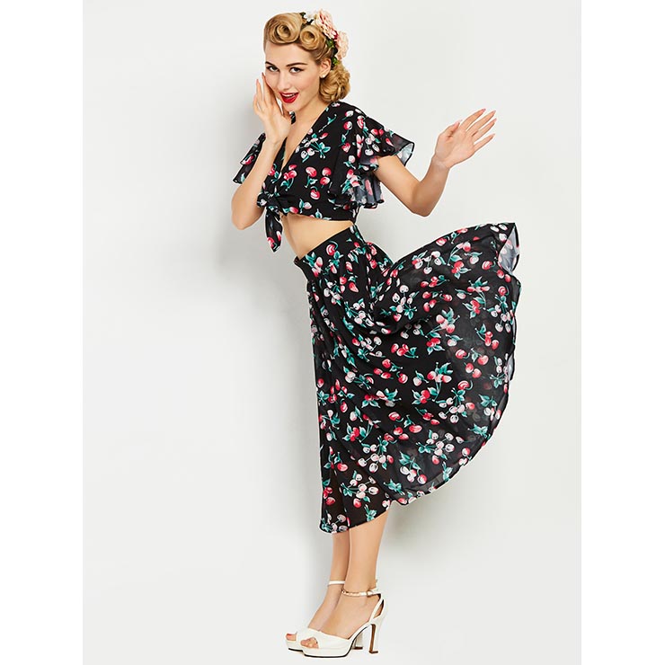 Vintage Retro Women's Short Sleeve Lace Up Top with High Waist Skirt