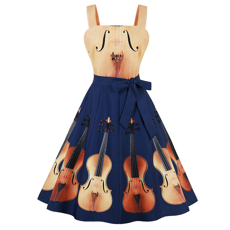 Women's Vintage Shoulder Straps Violin Print Swing Day Dress N15789