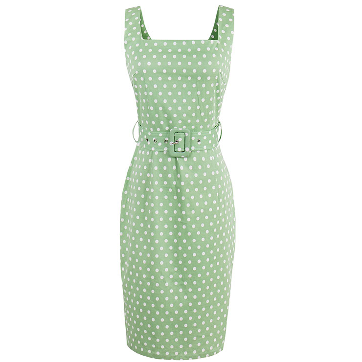 Hot Selling Vintage Square Neck Thick Straps Polka Dot Bodycon Dress N14230
