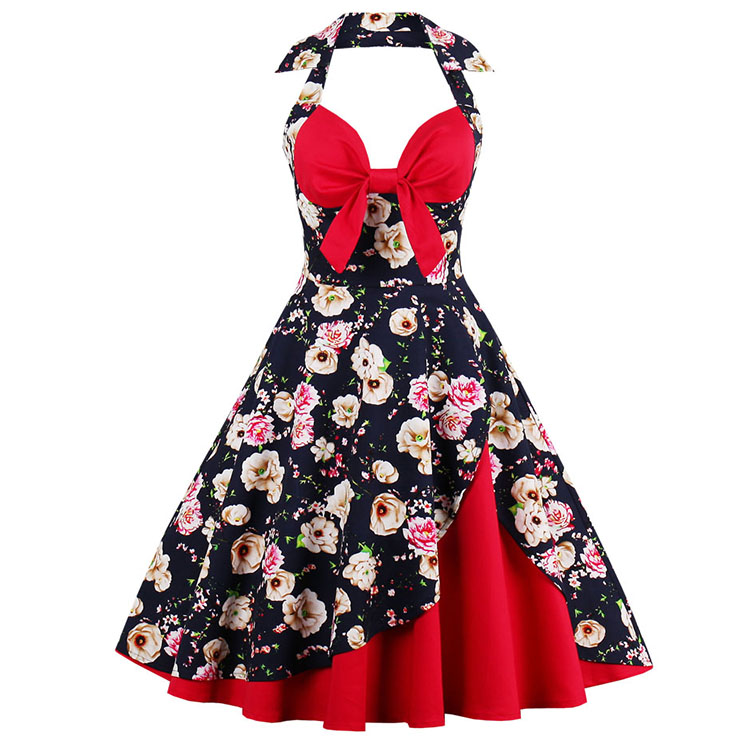 Vintage Sweetheart Floral Print Halter Cocktail Party Dress N12798